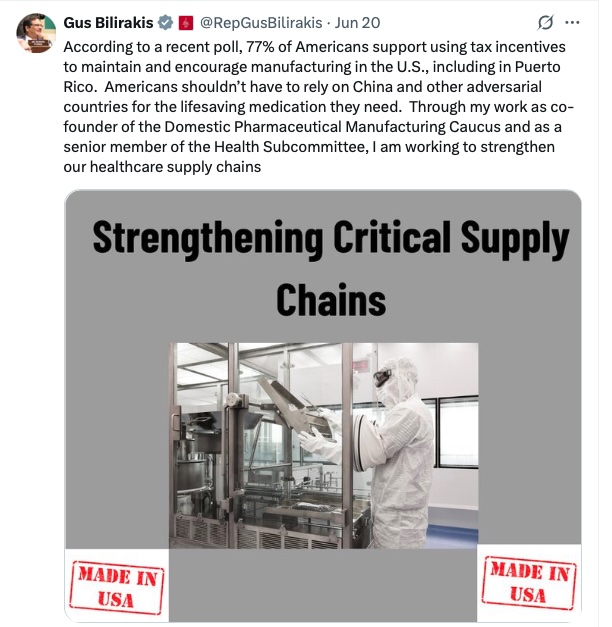 Rep. Gus Bilirakis Urges Support for Puerto Rico Manufacturing